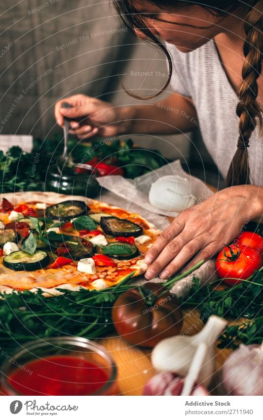 Crop woman preparing pizza Woman Pizza Cooking Arrange Vegetable Italian Kitchen Meal Sauce Home-made Preparation Food Tomato Make Bakery Ingredients Fresh