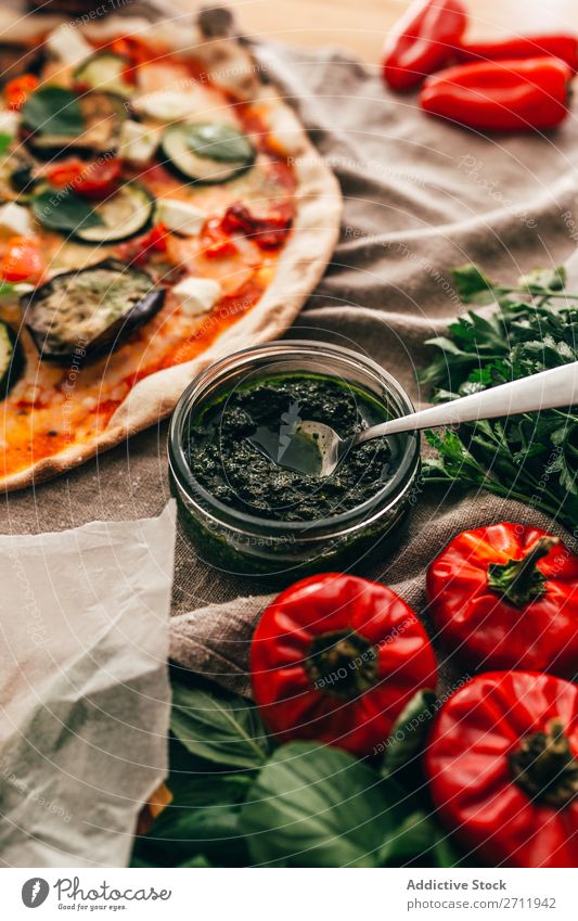 Delicious sauce served for pizza Sauce Pizza Italian Meal Tasty Dinner Home-made Crust Gourmet Food Fresh Restaurant Baking Basil Portion Oil Green Lunch Rustic