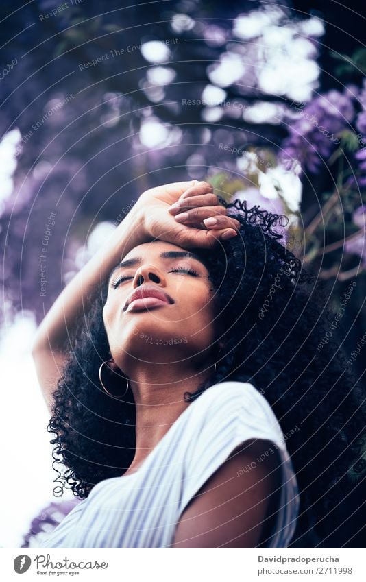 Thoughtful young black woman sitting surrounded by flowers Woman Blossom Spring Lilac Portrait photograph Close-up multiethnic Black African