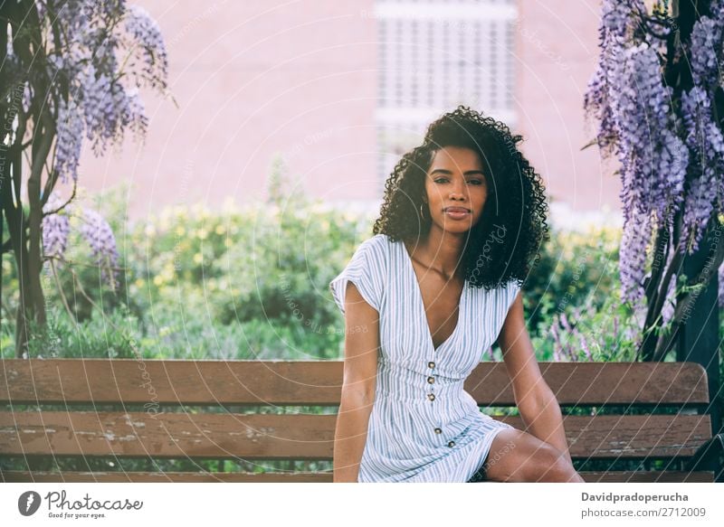 Happy young black woman sitting surrounded by flowers Woman Blossom Spring Lilac Portrait photograph multiethnic Black African Mixed race ethnicity Smiling