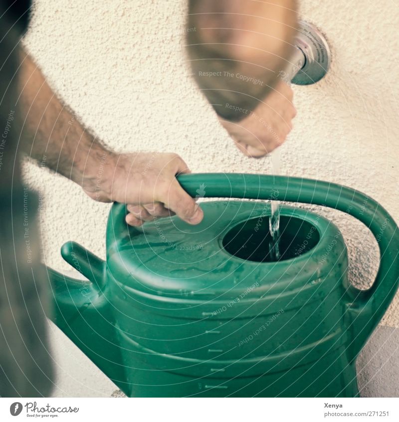 pot of water Masculine Arm 1 Human being Garden Watering can Green Gardening Cast Section of image Exterior shot Day Shallow depth of field
