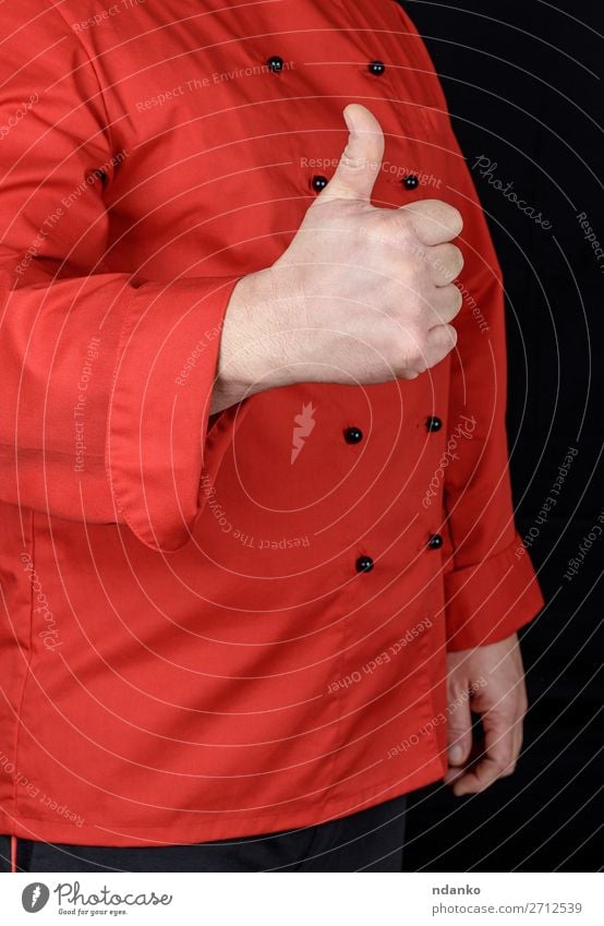 cook in red shows gesture like Elegant Style Body Kitchen Restaurant Profession Cook Human being Man Adults Hand Clothing Jacket Good Red Black Emotions