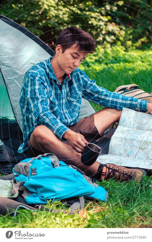 Spending a vacation on camping Lifestyle Relaxation Vacation & Travel Tourism Trip Adventure Camping Young man Youth (Young adults) Man Adults 1 Human being