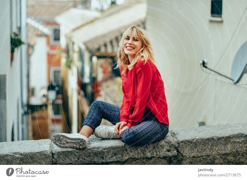 Smiling blonde girl with red shirt enjoying life outdoors. Lifestyle Style Happy Beautiful Hair and hairstyles Human being Feminine Young woman