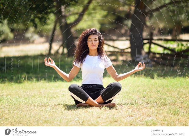 Young Arab woman doing yoga in nature Lifestyle Happy Hair and hairstyles Relaxation Calm Meditation Summer Sports Yoga Human being Feminine Young woman