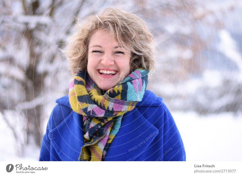 Laugh, blonde, colorful scarf, blue coat, joy Style Beautiful Healthy Vacation & Travel Winter Snow Winter vacation Woman Adults 1 Human being 18 - 30 years