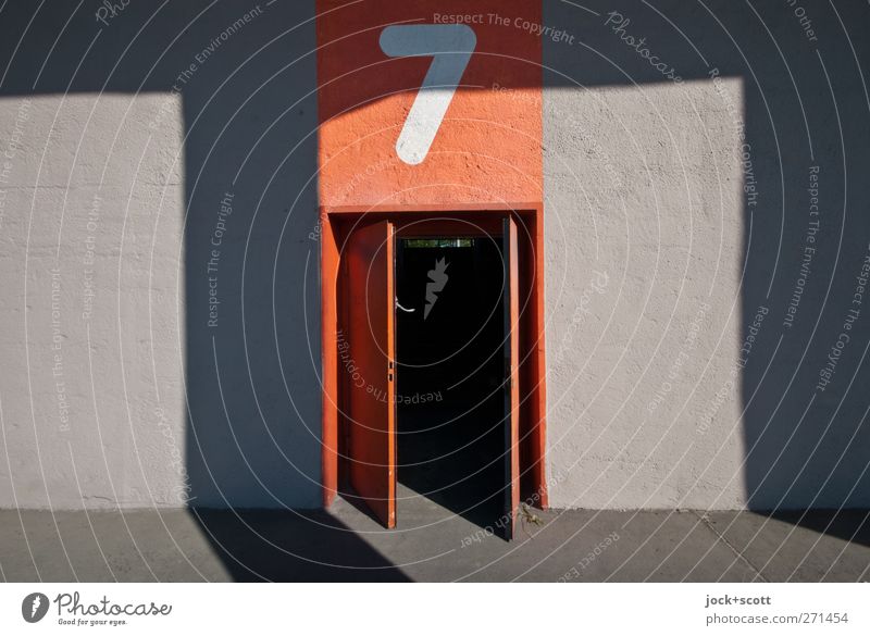 Opening hours no. 7 Wall (building) Signs and labeling Stripe Sharp-edged Retro Orange Symmetry Light threshold Column Ground Neutral Background Shadow