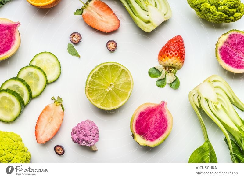 Colourful summer fruits and vegetables on white Food Vegetable Lettuce Salad Fruit Nutrition Organic produce Vegetarian diet Diet Shopping Design Healthy