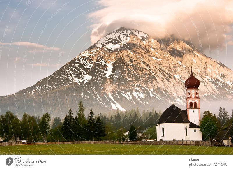 High Mouth Nature Landscape Fog Forest Alps Mountain Church Large Kitsch Blue Green Adventure Leisure and hobbies Gaistal Colour photo Exterior shot Deserted