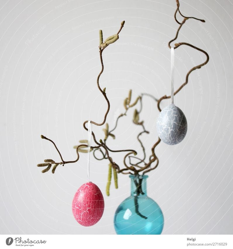 Easter decoration with blue glass vase, curled hazel twigs and colorful Easter eggs in front of a light background Feasts & Celebrations Decoration Vase Twig