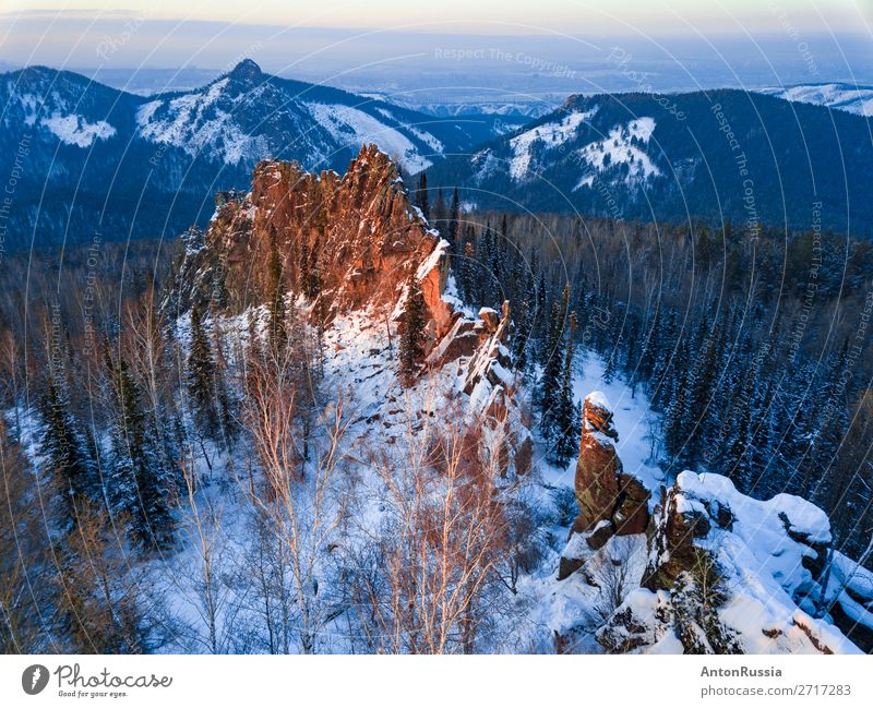 Rocks in the winter forest at the dusk snow  blue rocks Mountain mountains Winter Dusk Forest Blue stolby