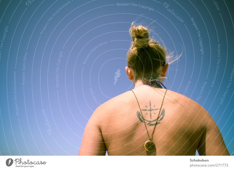 world on my back Summer Masculine Hair and hairstyles Back 1 Human being Cloudless sky Sunlight Beautiful weather Jewellery Tattoo Necklace Blonde Chignon Bird