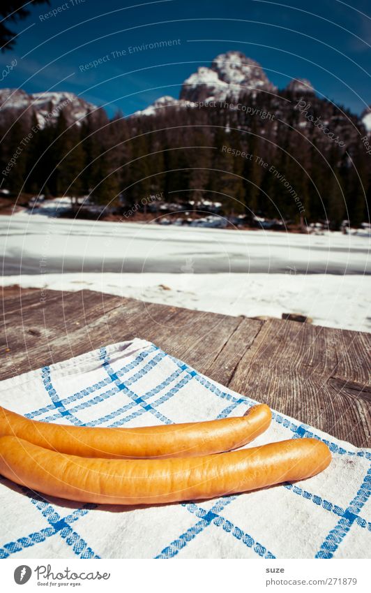 2 Viennese in Tyrol Food Sausage Nutrition Lunch Picnic Snow Mountain Table Environment Nature Landscape Sky Beautiful weather Wood Lie Simple Delicious Natural