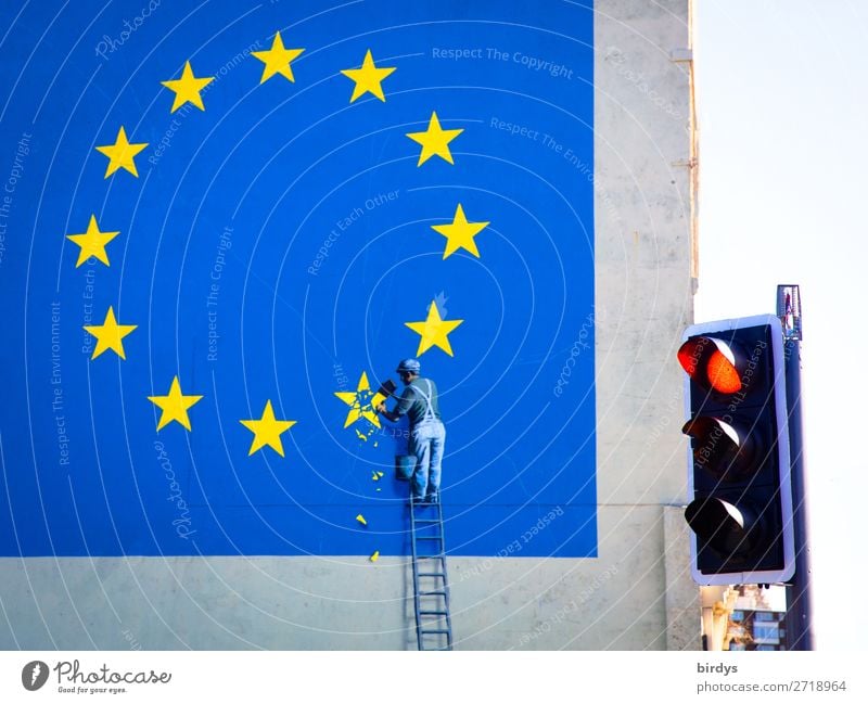 Brexit without Exit ? Craft (trade) Masculine 1 Human being Art Dover Facade Traffic light European flag Sign Graffiti Euro symbol brexite Work and employment