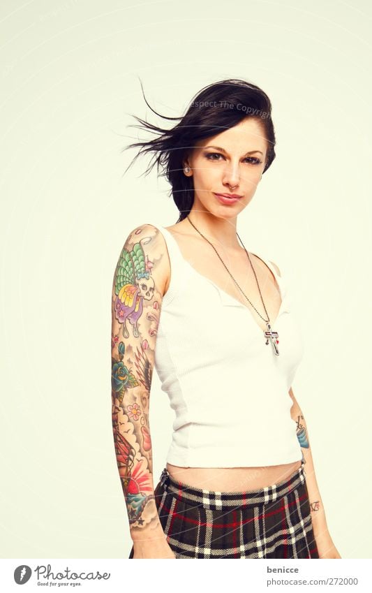 tattoo Woman Human being Tattoo Tattooed Tattoo artist Portrait photograph Youth (Young adults) Young woman European Isolated Image segregated White