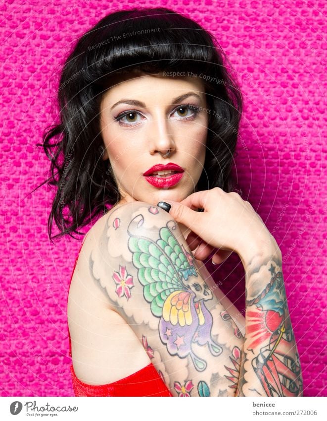 pinup Woman Human being Tattoo Young woman Sixties Seventies Retro Abstract Tattooed Looking into the camera Eroticism To enjoy Delightful High-key cover Model