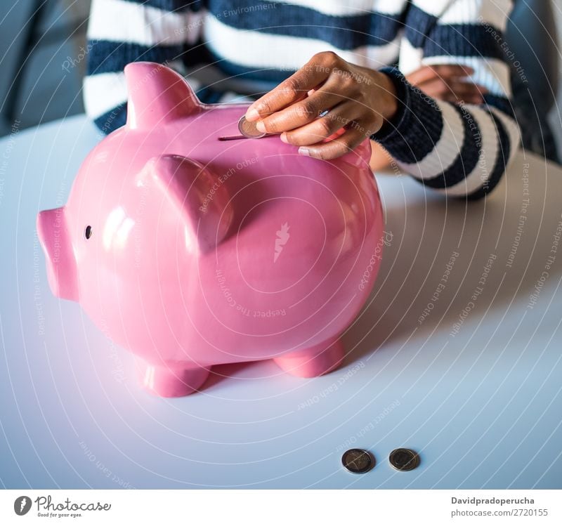Black woman with saving piggy bank Woman Money box savings Success Business cash debt Crisis Negative Problem Coin Euro investment trouble wealth Budget