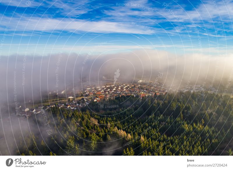 Aerial view out of the clouds Environment Nature Landscape Sky Clouds Spring Summer Climate Weather Beautiful weather Forest Bubsheim Village Populated