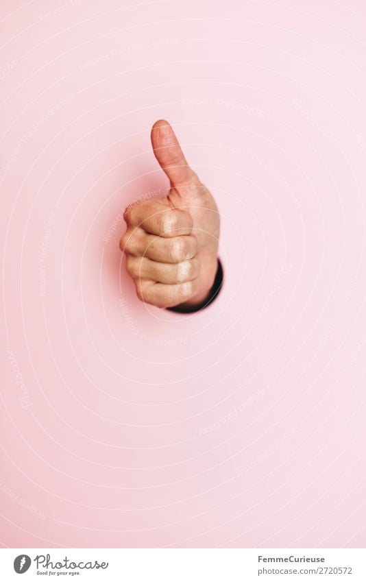 Woman's hand with thumb up Feminine 1 Human being Sign Communicate Thumbs up Tall Gesture Pink Circle Low-cut OK Colour photo Studio shot Copy Space left