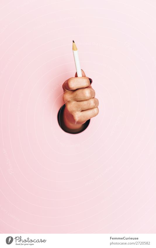 Hand of a woman holding pencil Stationery Paper Creativity Pencil Write Pink Circle Low-cut To hold on Design Colour photo Studio shot Copy Space left