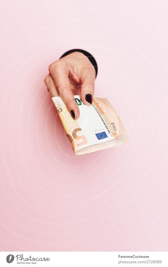 Hand of a woman holding a 50 Euro note Feminine 1 Human being Financial Industry Money Paying Financial Crisis To hold on Pink Give Circle Paper Low-cut
