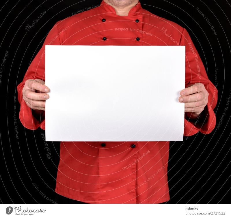chef in a red uniform holding a blank white sheet Design Business Human being Man Adults Hand Fingers Paper Write Red Black White empty Blank square Mock-up