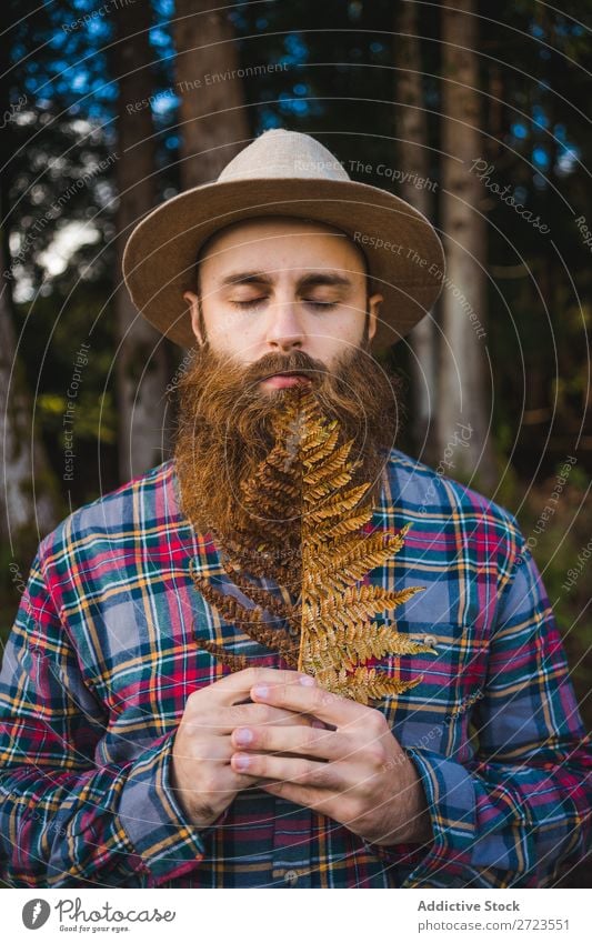 Man with brown leaf in beard Tourist Nature bearded Leaf Brown Conceptual design Hat Forest Green Vacation & Travel Adventure Landscape Azores Hiking
