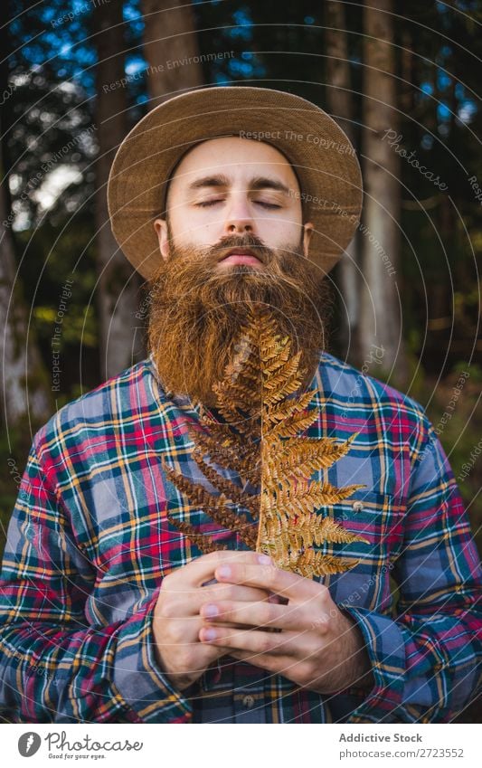 Man with brown leaf in beard Tourist Nature bearded Leaf Brown Conceptual design Hat Forest Green Vacation & Travel Adventure Landscape Azores Hiking