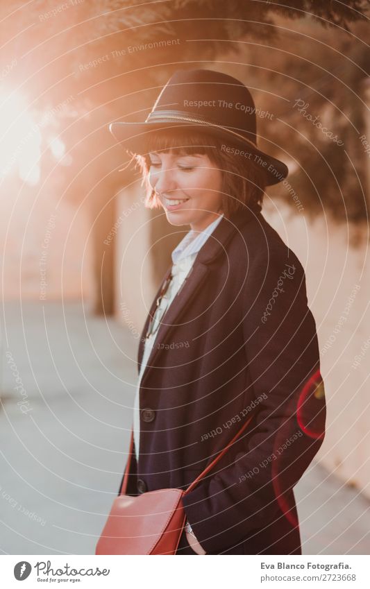 portrait of a young beautiful woman Lifestyle Joy Happy Beautiful Relaxation Feminine Woman Adults Youth (Young adults) Spring Hat Smiling Happiness Fresh