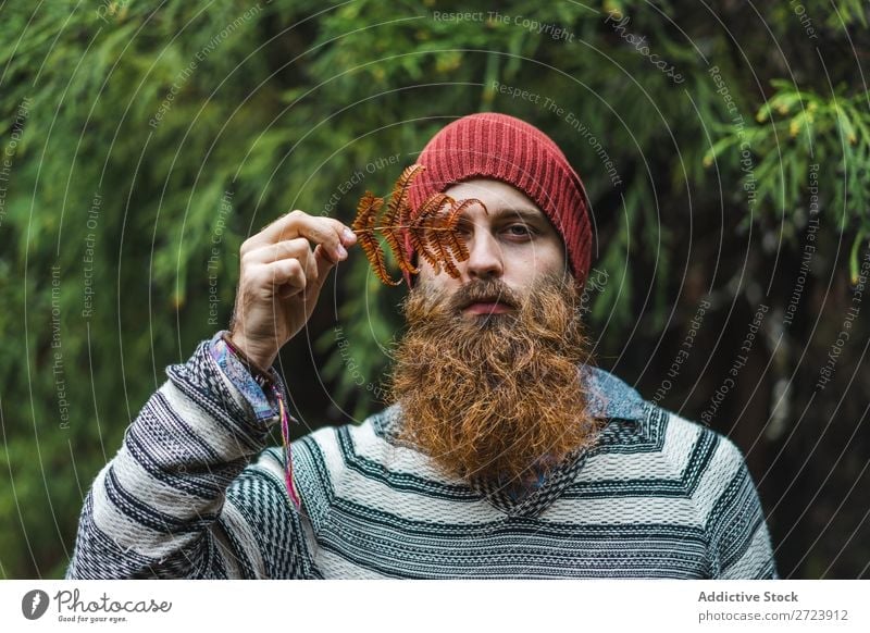 Bearded man standing at branch in forest Tourist Forest Green Man bearded Nature Vacation & Travel Tourism Lifestyle Action Leisure and hobbies Human being