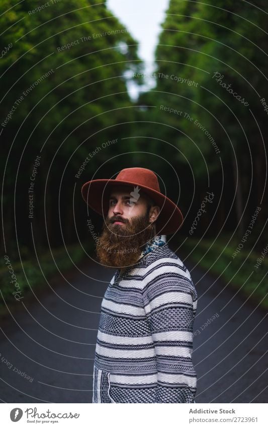 Bearded man in hat on road Tourist Nature Man bearded Forest Green Hat Street Vacation & Travel Adventure Landscape Hiking Exterior shot Vantage point Azores