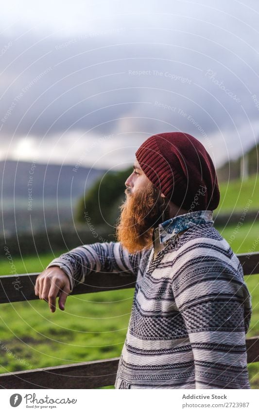 Bearded man at fence on field Tourist Nature Man bearded Fence Field Wood Looking into the camera Green Vacation & Travel Adventure Landscape Hiking Azores
