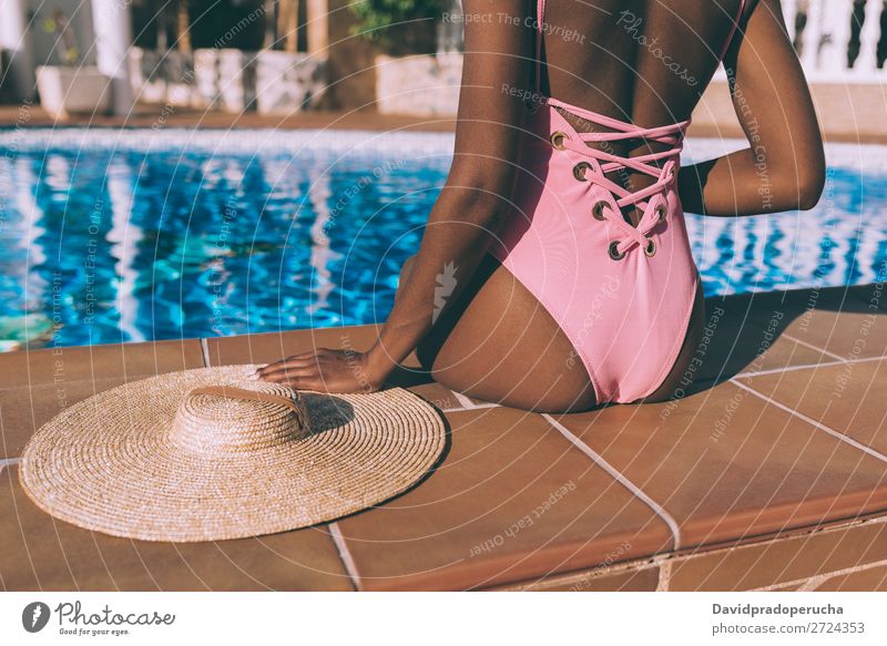 Woman relax in swimming pool with a straw hat Feminine Young woman Youth (Young adults) Adults Body Legs Feet 1 Human being 18 - 30 years Swimming & Bathing