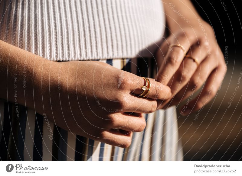 Crop woman hands with rings on the street Hand Woman Close-up Portrait photograph Youth (Young adults) pretty nails Manicure Town Crops Partially visible