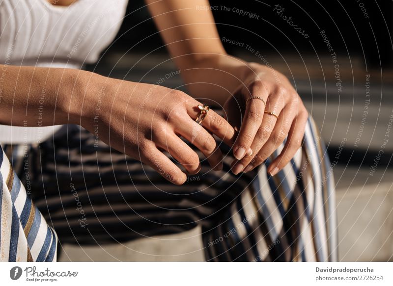 Crop woman hands with rings on the street Hand Woman Close-up Portrait photograph Youth (Young adults) pretty nails Manicure Town Crops Partially visible