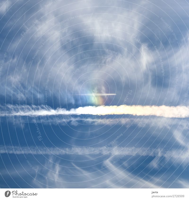 at the end of the rainbow Tool Sky Clouds Beautiful weather Flying Nature Adventure Rainbow Vapor trail Colour photo Multicoloured Deserted Copy Space left