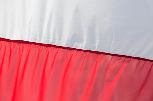 Here we go! Red White Flag Poland Polish Cloth Stitching Wrinkles Folds Ensign Colour photo Exterior shot Deserted Copy Space top Copy Space bottom
