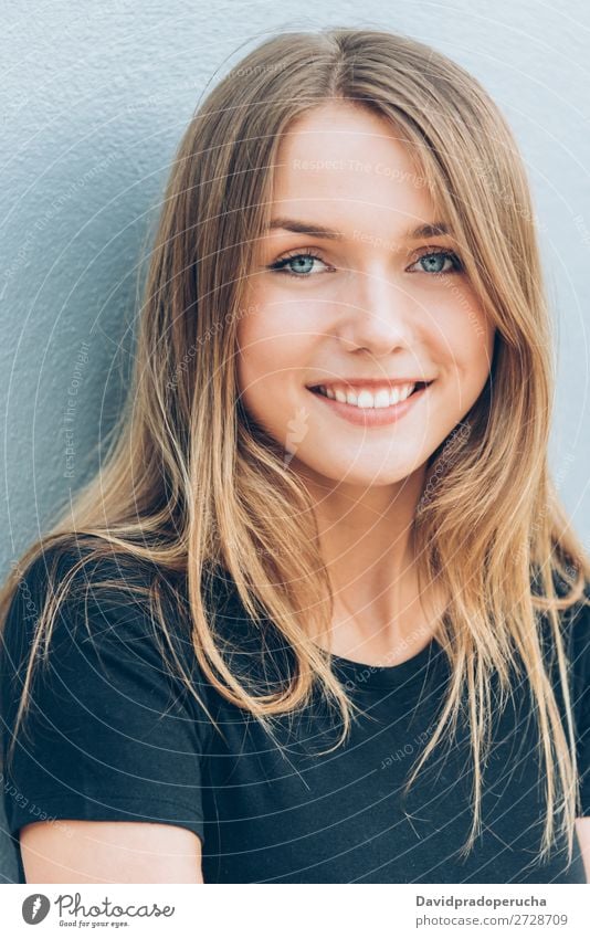 Close up portrait of a beautiful young woman Woman Blonde Smiling Happy Face Girl Loneliness Portrait photograph White Black Beautiful Youth (Young adults)
