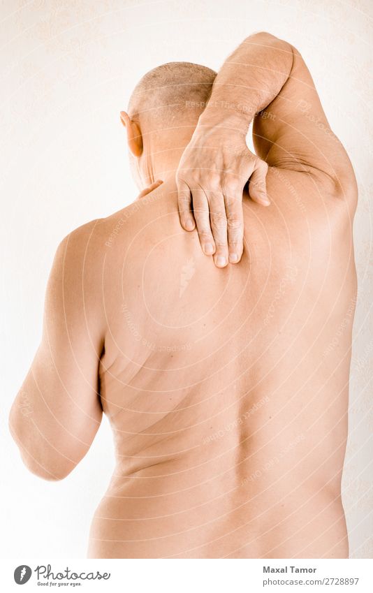 Man suffering of thoracic vertebrae pain Body Health care Illness Medication Massage Human being Adults Hand Muscular Pain Stress Neuralgia ache back backache