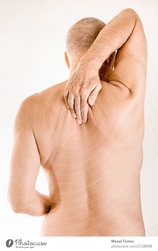 Man suffering of thoracic vertebrae pain Body Health care Illness Medication Massage Human being Adults Hand Muscular Pain Stress Neuralgia ache back backache