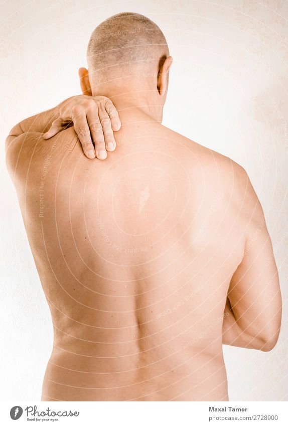 Man suffering of trapezius muscle pain Body Health care Illness Medication Massage Human being Adults Hand Muscular Pain Stress Neuralgia ache back backache