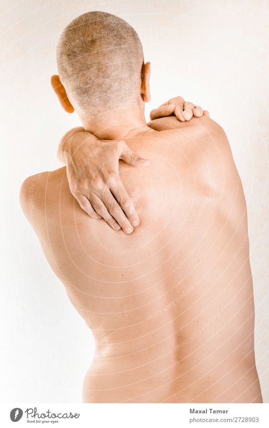 Man suffering of thoracic vertebrae or trapezius muscle pain Body Health care Illness Medication Massage Human being Adults Hand Muscular Pain Stress Neuralgia