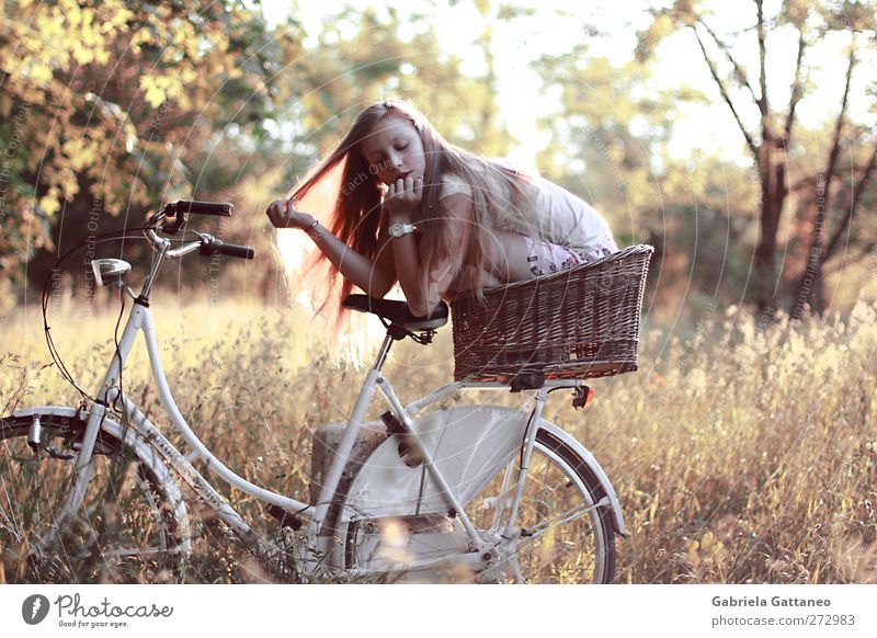 to take comfort in summer Feminine Child 1 Human being Nature Grass Bushes Field Dream Yellow Gold Moody Adventure sitting Bicycle basket wooden Tree Street