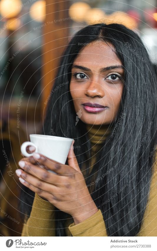 Pretty Indian ethnic woman with cup Woman pretty Cup Drinking Coffee Beautiful Ethnic Attractive Youth (Young adults) Portrait photograph Human being Beverage