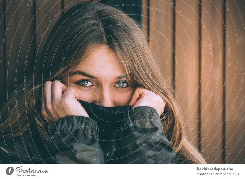 portrait Young pretty woman in winter in a log cabin in the snow Portrait photograph Winter Woman Snow Youth (Young adults) Happy Hut Log Wood Cute Blonde