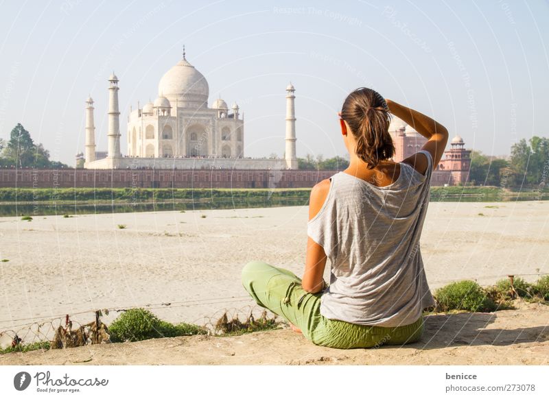 at the Taj Mahal Woman Human being Young woman India Agra Sit Tourist Relaxation Looking Meditation Vacation & Travel Travel photography Asia Tourist Attraction