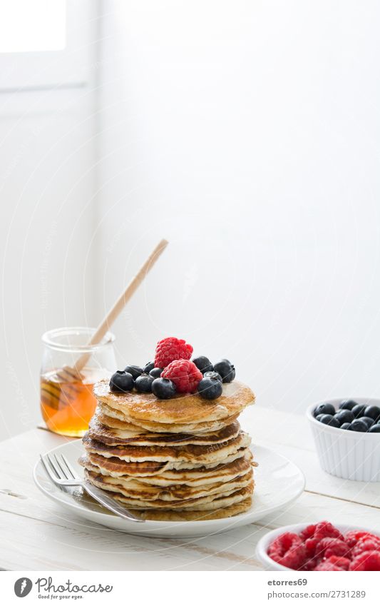American pancakes with raspberries and blueberries Pancake Blueberry Raspberry Dessert Sweet Breakfast Delicious Kitchen Decoration Plate Food Healthy Eating