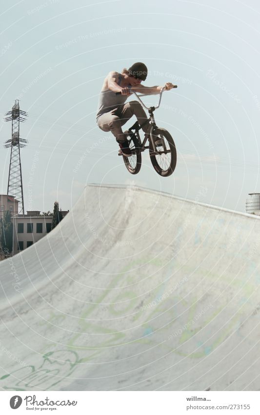BMX bike, ramp Athletic Leisure and hobbies Bicycle Young man Youth (Young adults) Life Human being 18 - 30 years Cap Concrete Jump Hip & trendy Tall Speed