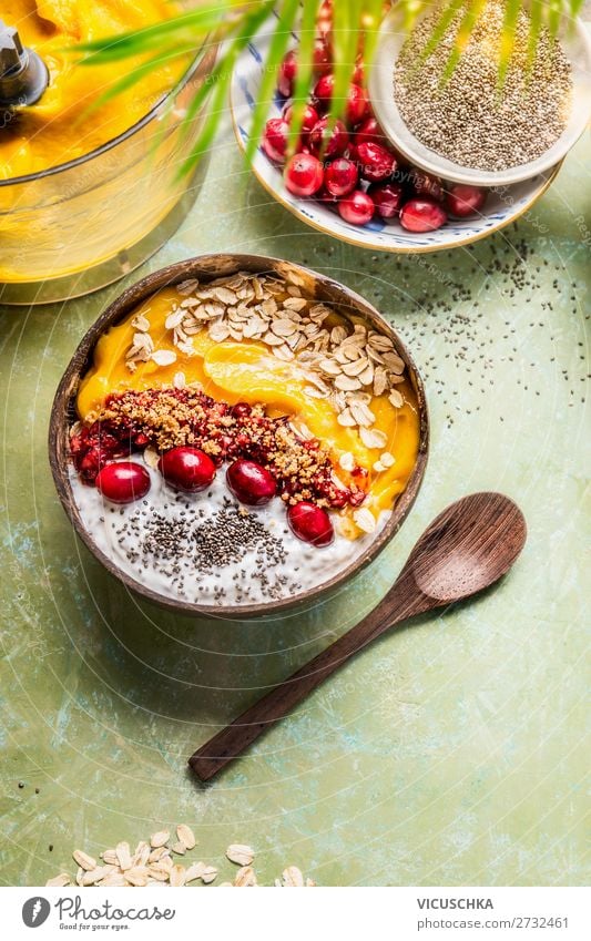 Smoothie bowl with mango and yoghurt Food Dairy Products Fruit Grain Nutrition Breakfast Organic produce Vegetarian diet Diet Crockery Bowl Spoon Style Design