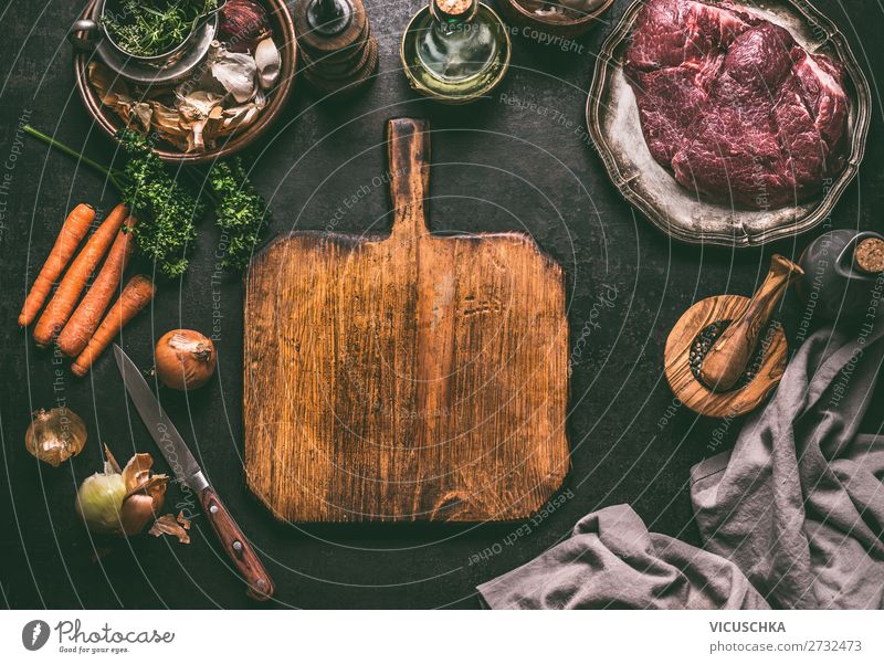 Cutting board background with meat ingredients Food Meat Nutrition Organic produce Crockery Design Table empty cutting board food background top view